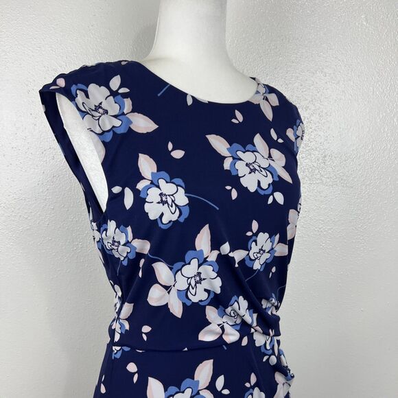 Eliza J Dress Women 10 Blue White Floral Allover Print Cap Sleeve Sheath Stretc - Picture 11 of 14